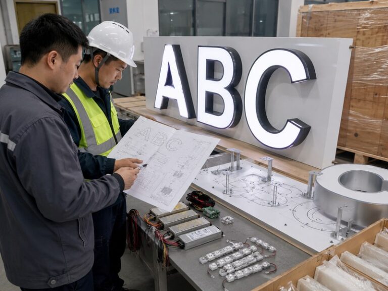 LED sign manufacturer and installer reviewing illuminated channel letters before installation