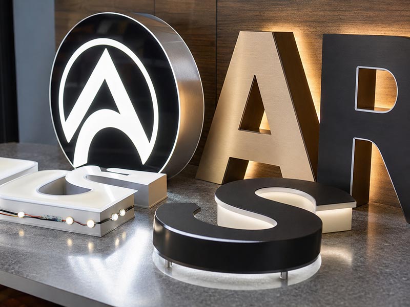Close-up of LED sign material, color, and finish details
