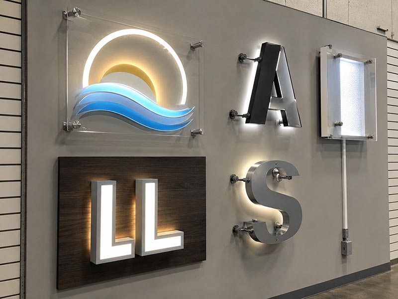 Custom LED sign mounting methods showing spacers, studs, backer panel, and raceway details for commercial installation