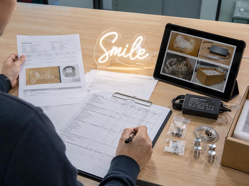 LED sign order risk control with quote sheet, QC photos, power supply label, and packing records