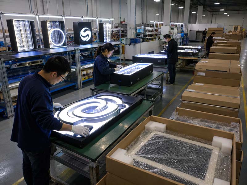 Custom LED signs in factory testing and packing stage showing how production and shipping delays can affect projects