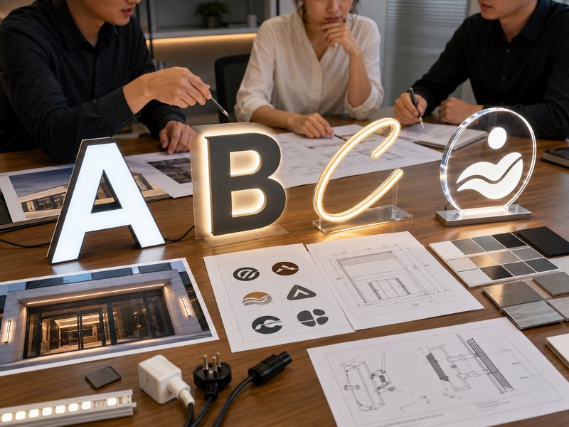 LED sign samples, site photographs and technical details prepared before sourcing a manufacturer