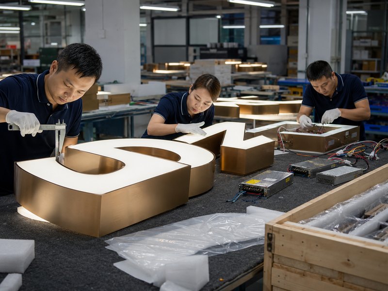 Inspectors checking channel-letter dimensions, LED lighting, wiring and protective export packaging