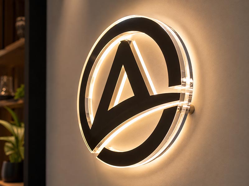 Close-up of a custom LED logo sign showing material thickness, clean edges, and even lighting quality