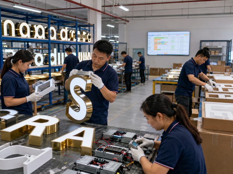 LED channel letters undergoing quality inspection, illumination testing, scheduling, and export packing