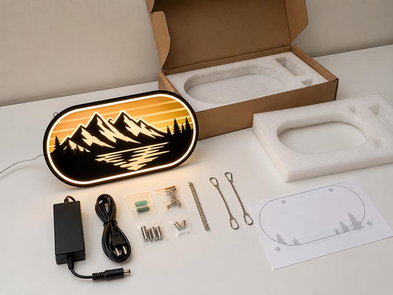 Custom LED sign with power supply, mounting accessories, and packaging items showing what should be included in a complete quote