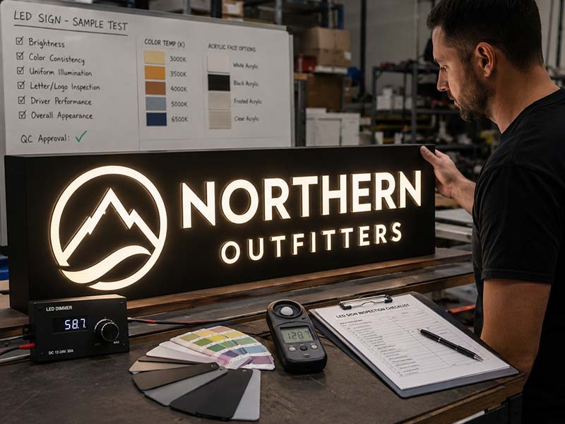 LED sign undergoing sample testing with lighting and color checks