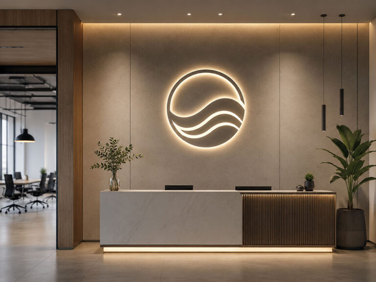 Custom LED sign installed on a modern business wall for size planning