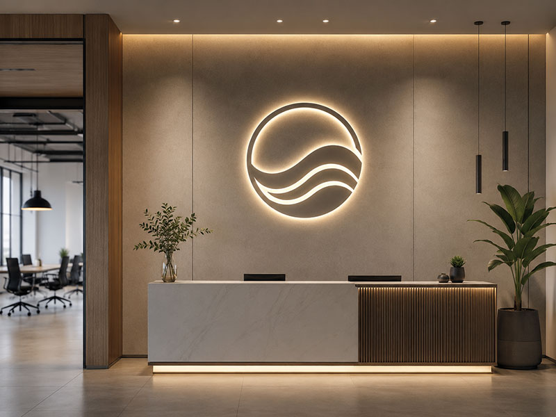 Custom LED sign installed on a modern business wall for size planning