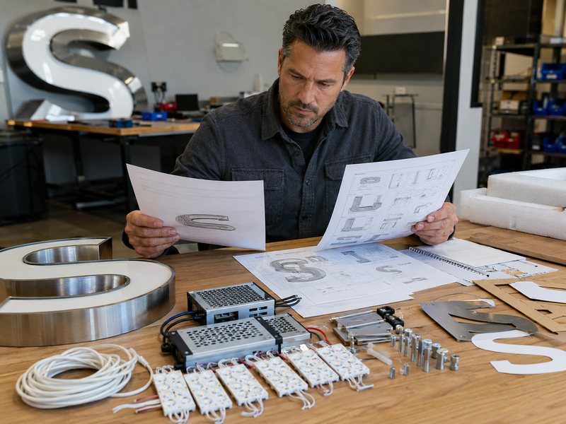 Project manager comparing LED sign quotations, components, engineering details, and total project control