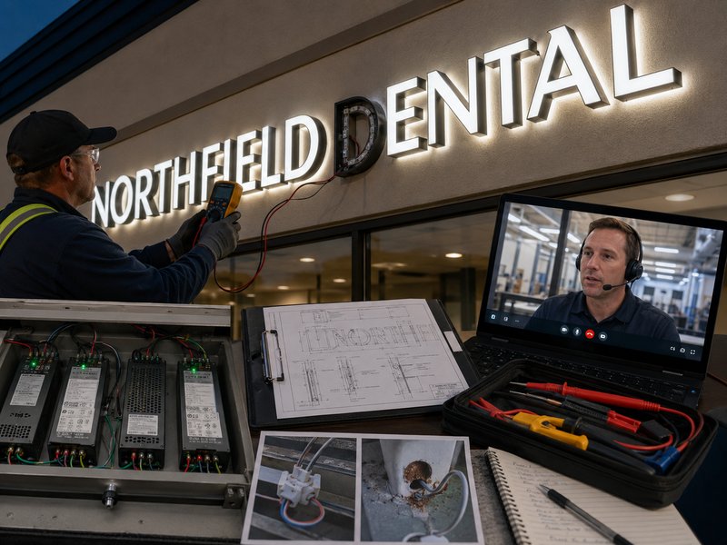 Installer and manufacturer diagnosing a partially illuminated channel-letter sign