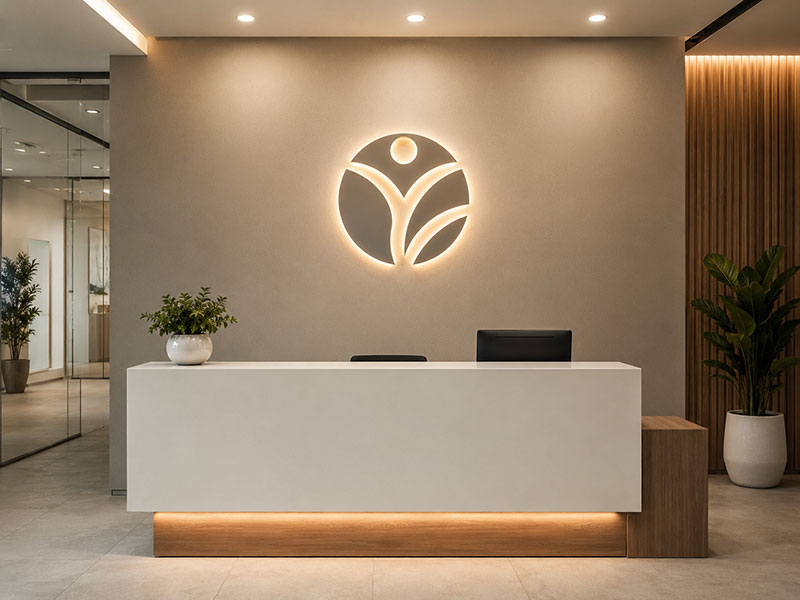 LED logo sign sized for a business reception wall with balanced wall proportion