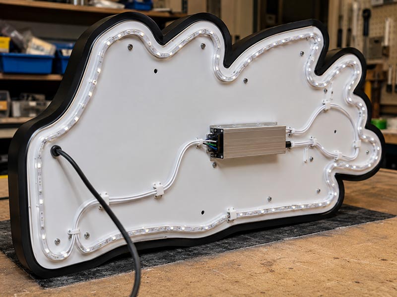 LED sign wiring details with marked wire exit, cable routing, power driver, and labeled connection parts
