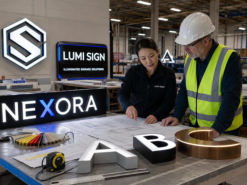 Contractor checking LED sign drawings and site installation
