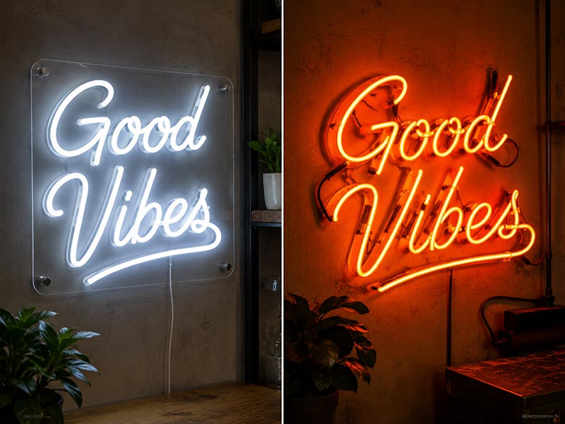 Comparison of LED neon and glass neon signs side by side