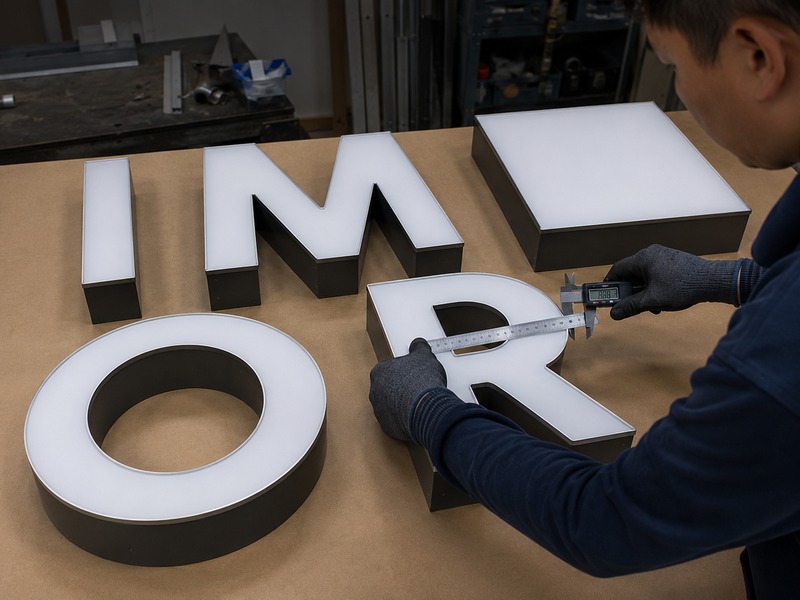 Channel letter shapes, stroke widths, openings, and unsupported spans reviewed for acrylic thickness