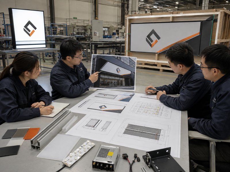 Engineers reviewing light box and cabinet sign drawings materials mounting and lighting requirements in a sign factory