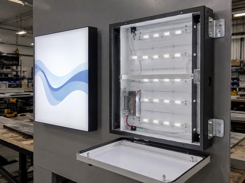 Slim LED light box beside deeper aluminum cabinet sign with internal lighting and structural components exposed