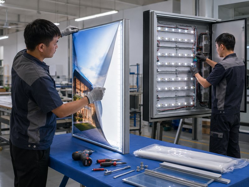 Technicians replacing a light box graphic and servicing LED components inside a commercial cabinet sign