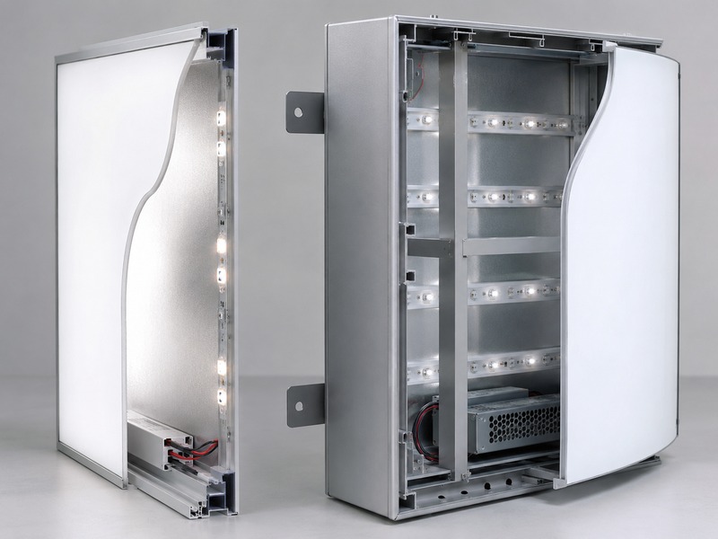 Technical cutaway comparison of slim light box and reinforced outdoor cabinet sign construction