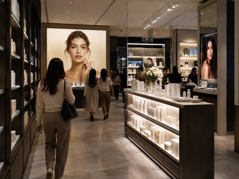 Illuminated retail light boxes guiding customers toward featured fashion and beauty merchandise
