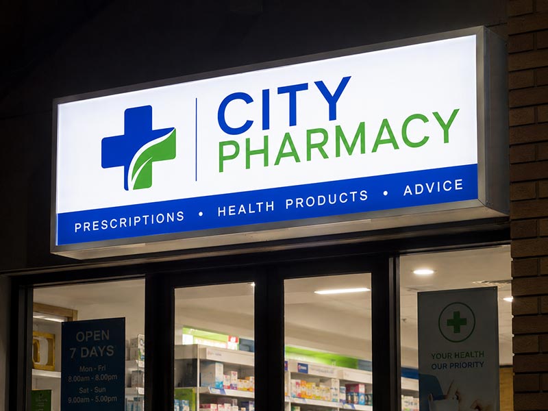 Illuminated light box sign on a shop exterior at night