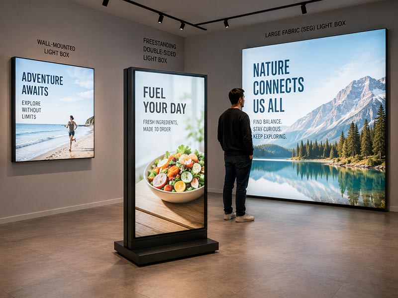 Wall-mounted, freestanding, and SEG fabric LED light boxes displayed for different commercial locations