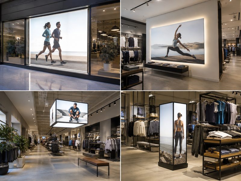 Storefront, feature wall, suspended and freestanding light boxes positioned across different retail zones