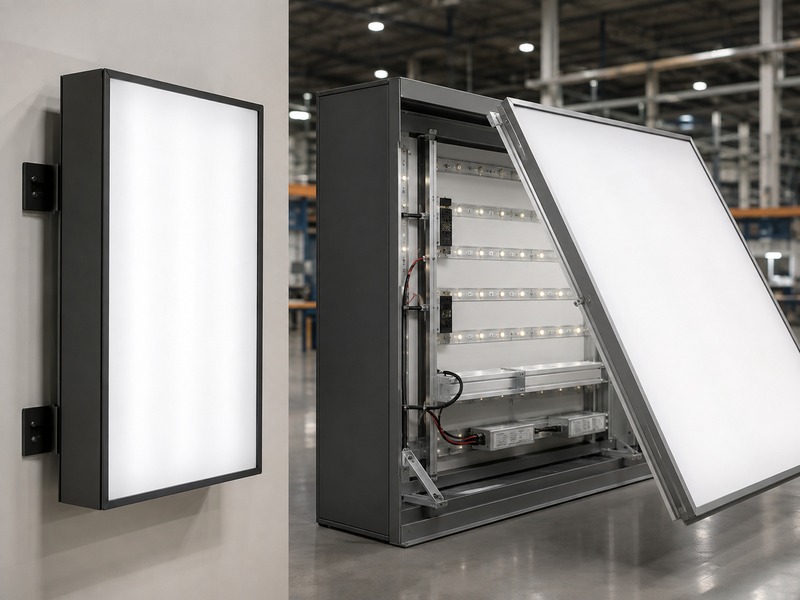 LED light box and reinforced cabinet sign comparison showing different commercial sign constructions