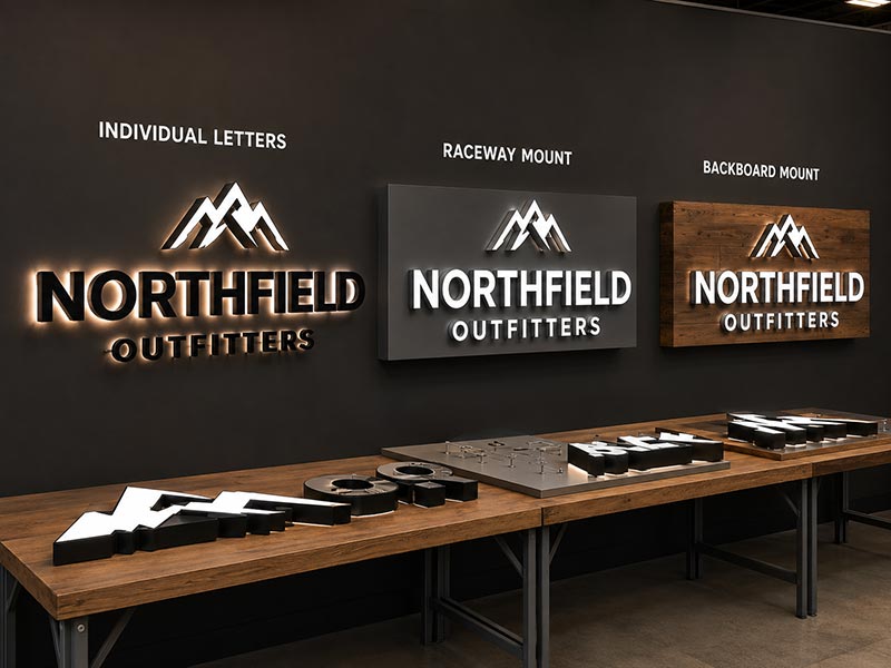 Location-specific sign solutions using individual letters, raceways, and backboards for the same brand