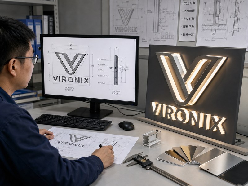 Sign engineer reviewing complex logo geometry, materials and manufacturing details before production