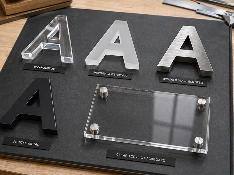 Acrylic and metal material options for indoor logo wall signs
