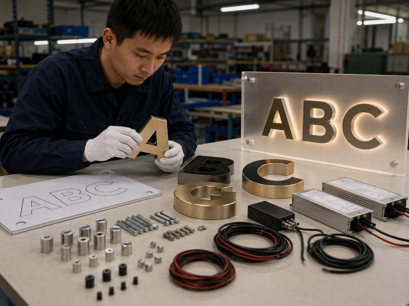 Custom logo sign production and installation preparation with letters and backboard