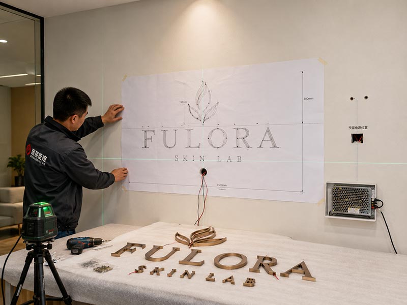 Indoor logo wall sign installation with hidden wiring and mounting template