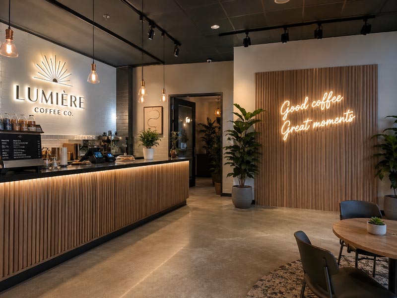 Cafe interior showing the difference between a logo wall and a customer photo wall