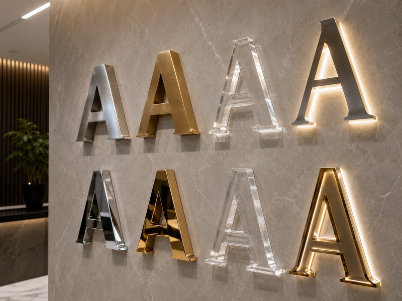 Stainless steel, brass, acrylic, and metal-acrylic sign materials for luxury stores