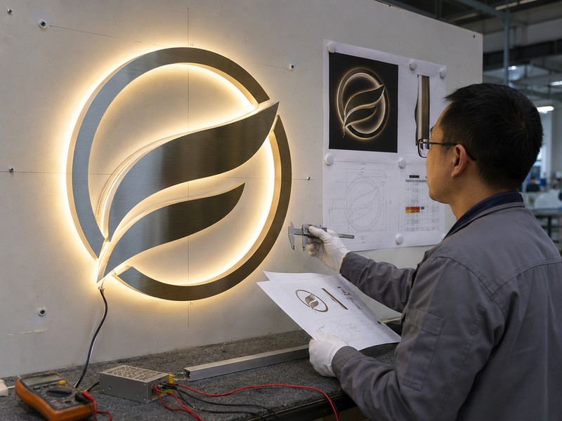 Engineer checking materials, lighting, dimensions, and mounting details before sign production