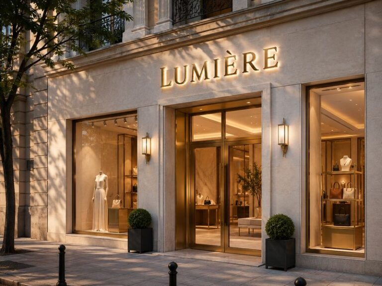 Luxury store signage with premium metal letters and warm halo lighting