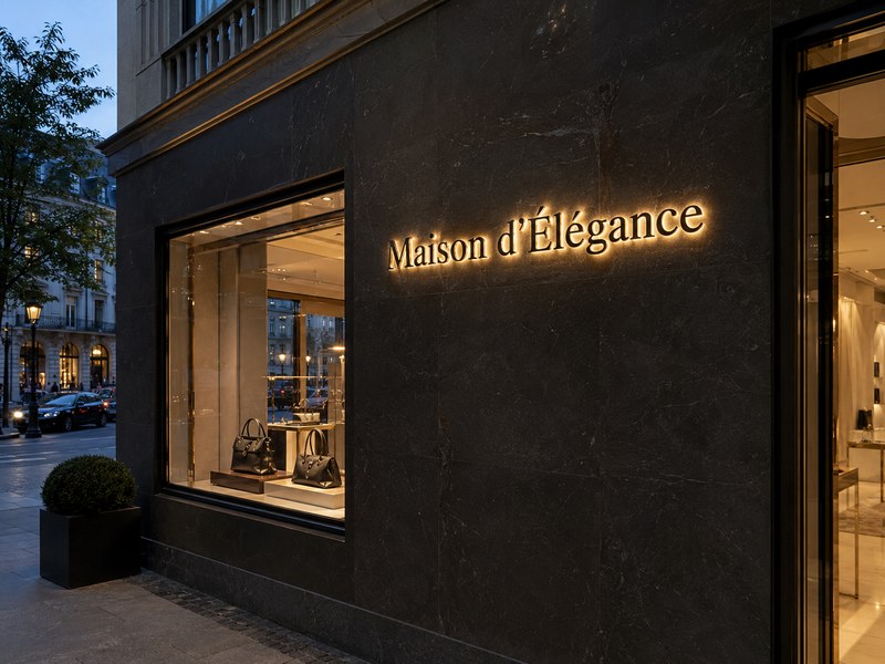 Luxury storefront sign designed for dark stone walls and surrounding ambient light