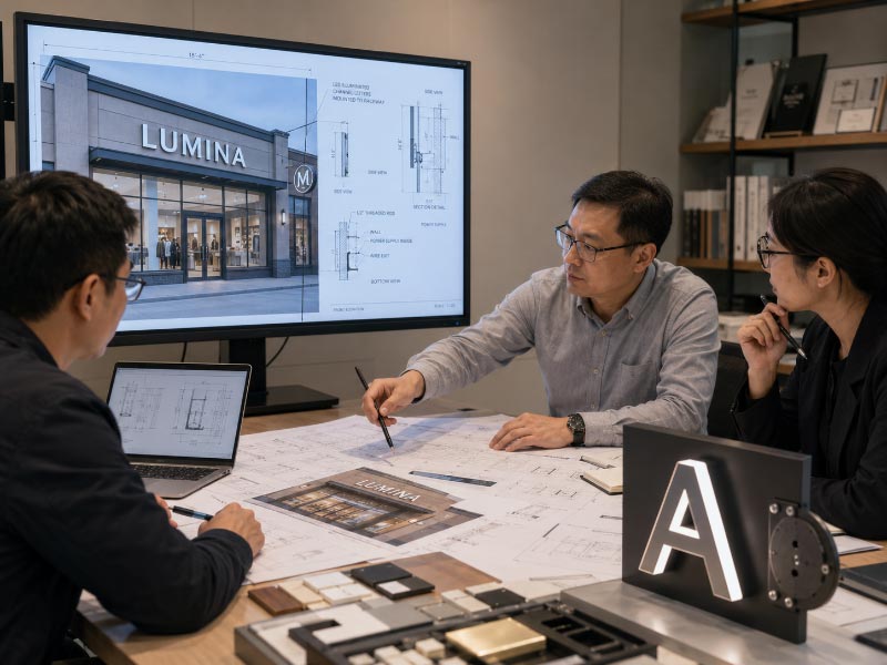 Engineers reviewing mall sign dimensions, mounting, lighting, and approval requirements