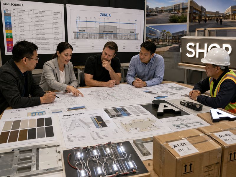 Shopping mall signage project planning with channel letter drawings, sign schedules, material samples and installation templates