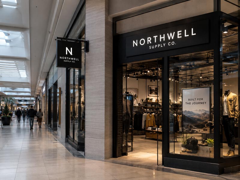 Shopping mall storefront signs planned for front, side-angle, and corridor visibility