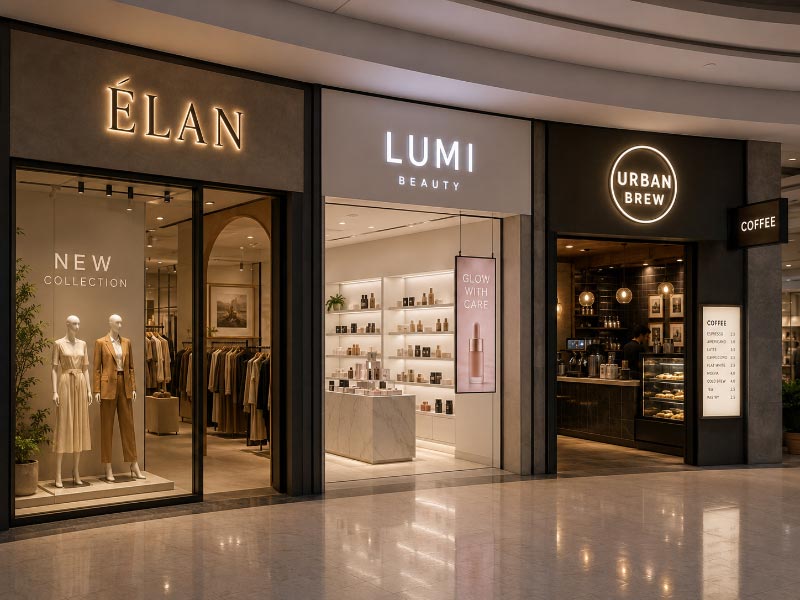 Sign combinations for fashion, beauty, and café stores in a shopping mall