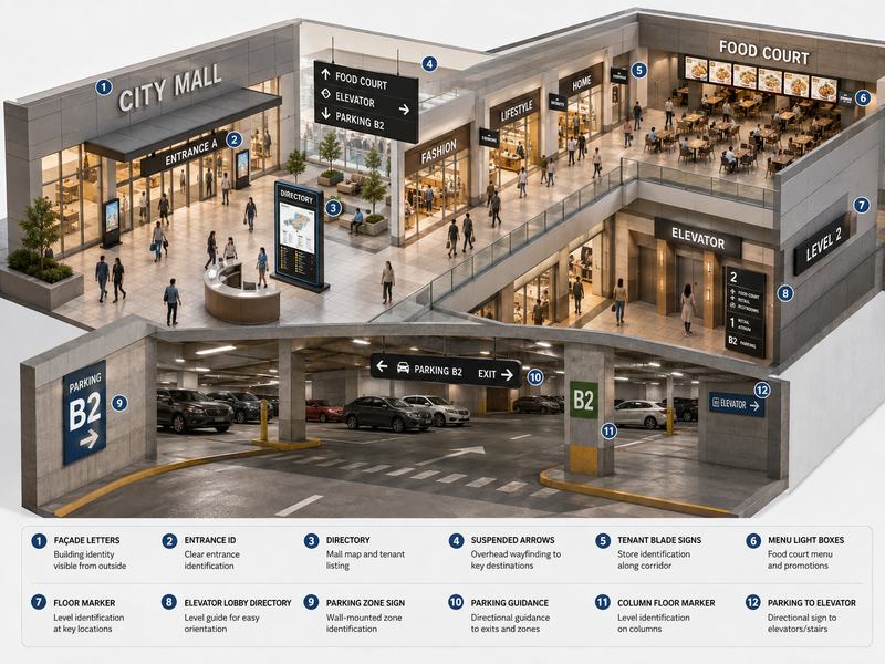 Shopping mall zone signage system for entrances, atriums, corridors, food courts, elevators and parking areas