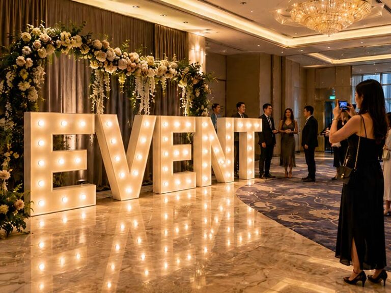 Large illuminated marquee letters creating a photo focal point at a professional event venue