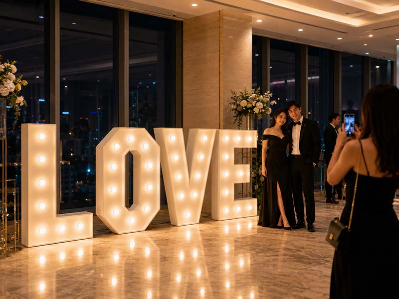 Warm white marquee letters used as an illuminated focal point and event photo backdrop