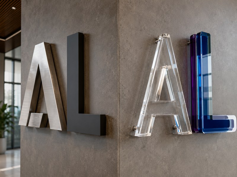 Metal and acrylic dimensional letter materials with different finishes and edge details