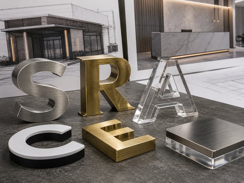 Metal and acrylic letter samples for selecting custom business sign materials