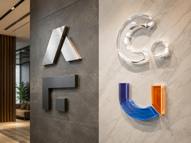 Comparison of brushed metal letters and layered acrylic letters in commercial signage applications