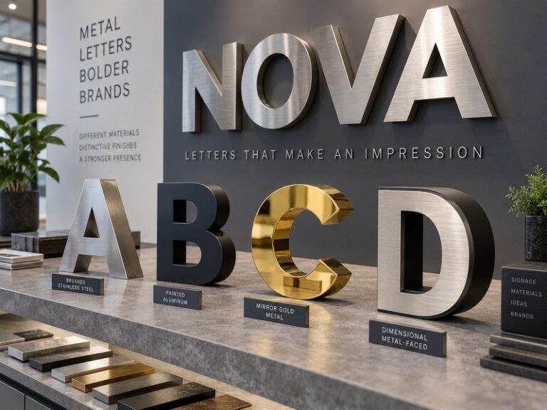 Custom metal letters in different materials, finishes, and dimensional structures for commercial signage projects